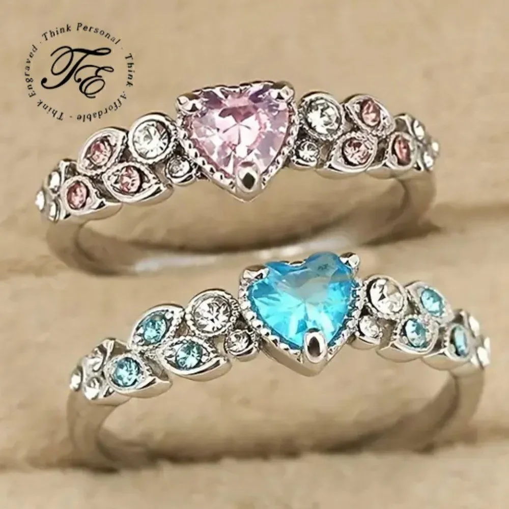 Heart Gem Girl's Promise Ring - Blue or Pink Heart Gems With Vine Design Band